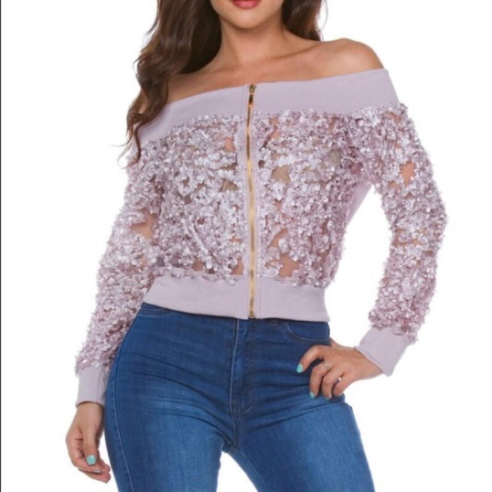 Sheer floral off the shoulder jacket